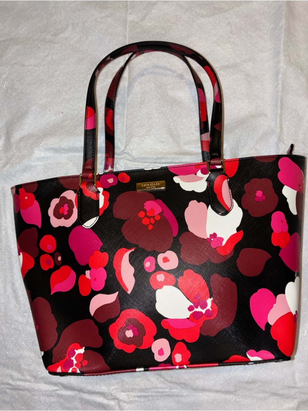 kate spade Black Floral Tote with Pink & Red Accents